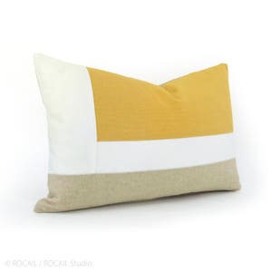 Color Block Decorative Pillow Case in Mustard Yellow, White and Natural 12x18 Geometric Cushion Cover, Modern and Minimalist Home Decor image 2