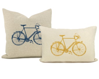 Custom Vintage Bicycle Print Pillow Case, Personalized Industrial Bike Decorative Cushion Cover in 12x18 Lumbar, 16x16, 18x18 or 20x20