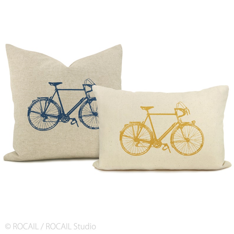 Custom Vintage Bicycle Print Pillow Case, Personalized Industrial Bike Decorative Cushion Cover in 12x18 Lumbar, 16x16, 18x18 or 20x20 image 1