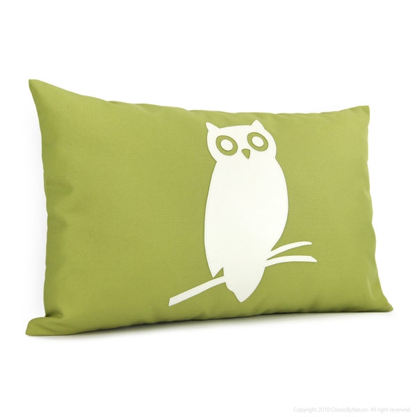 Owl pillow - Outdoor pillow cover - Patio decor - Off white and apple green owl applique pillow - 12x18 lumbar pillow cover