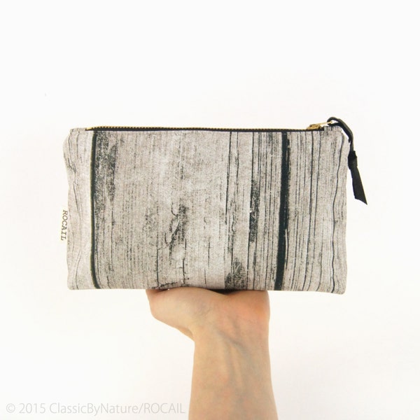 Barnwood zipper pouch - Wood grain in black and beige - Small clutch purse, Makeup bag, Gadget and pencil case - Gift for her