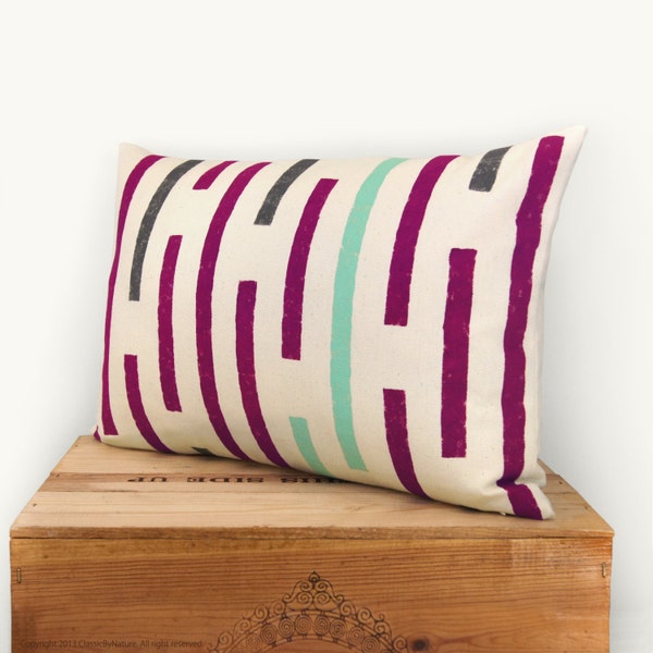 Hand printed pillow cover - Geometric striped design in raspberry, mint, charcoal grey and cream - 12x18 lumbar pillow - Eclectic home decor