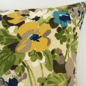 Floral Outdoor Decorative Throw Pillow Case, Cover 12x18 Lumbar Cushion Mustard Yellow, Navy Blue, Green, Aqua, Brown and Beige Flowers image 4