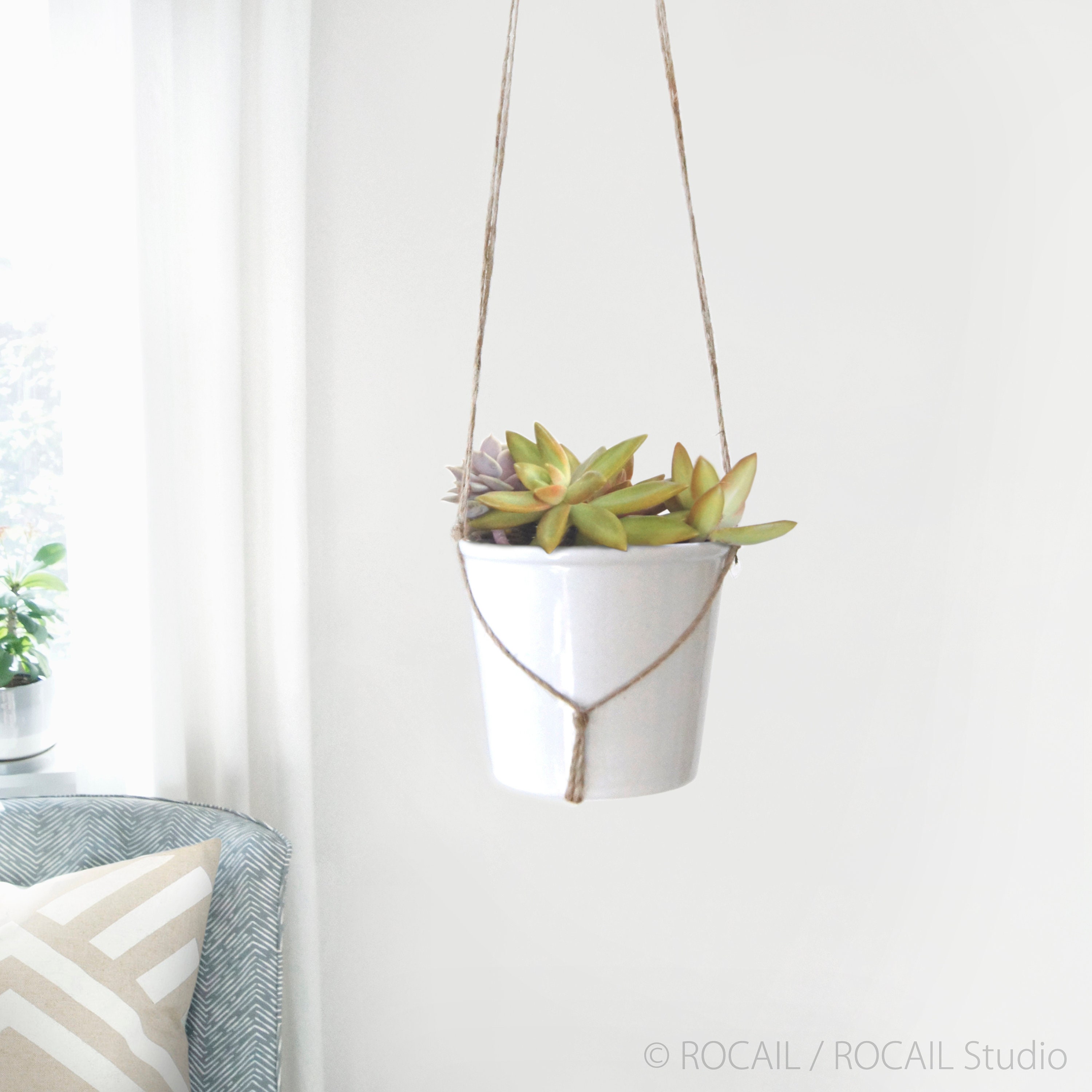 Support à Plante Style Macramé en Jute Beige Naturel | Pour Cache-Pot Suspendu et Jardinière Suspend