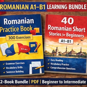 Könnte beinhalten: Ein rumänisches Sprachlernpaket mit zwei Büchern: "Romanian Practice Book" mit 300 Übungen und "40 Romanian Short Stories for Beginners". Die Bücher liegen auf einer Holzoberfläche mit rumänischer Flagge und Kaffeetasse.
