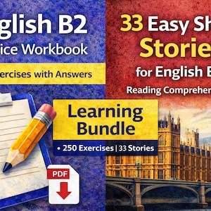 Könnte beinhalten: Ein Lernpaket für Englisch B2-Lernende. Das Bild zeigt ein Arbeitsbuch mit 250 Übungen und 33 Kurzgeschichten. Ein Bleistift und eine Checkliste befinden sich auf einem Klemmbrett. Im Hintergrund ist Big Ben zu sehen.