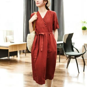 Summer Linen Midi Dress for Women, Loose Casual Handmade Linen Tunic Shift Dress, Plus Size Boho Clothing, Custom Robes for Spring & Summer