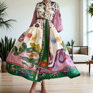 Elegant Floral Lantern Sleeve Maxi Dress, European American Wedding Guest Outfit, Spring Long Sleeve Retro Pleated Dress Women Maxi Dress