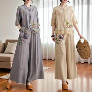 Vintage Embroidered Ramie Top & Wide Leg Pants Set: Boho Spring Outfit