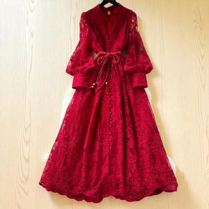 French Elegant Embroidered Lace Dress, Lantern Sleeve Luxury Gown with Sash, Floral Prom Party Dress, Holiday Spring Summer Wedding Guest