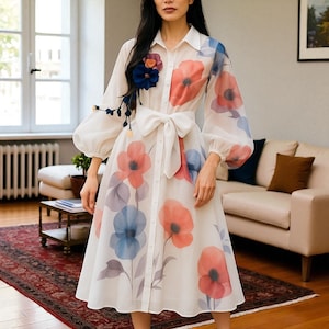 Boho Floral Chiffon Maxi Dress: Lantern Sleeve Belted Robe