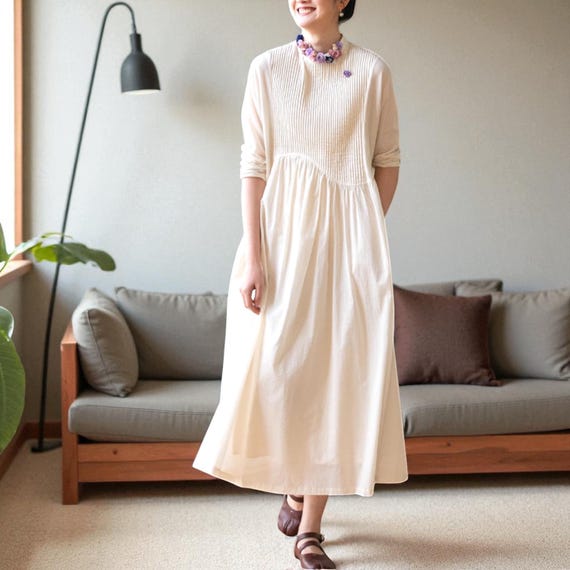 Minimalist Cotton Midi Dress: Korean Style Pleated Fall Outfit