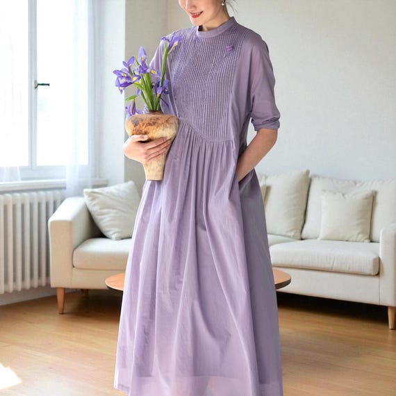 Minimalist Cotton Midi Dress: Korean Style Pleated Fall Outfit