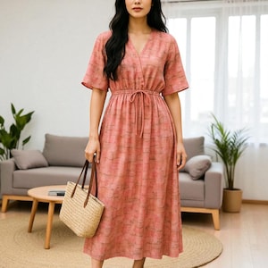 Summer Printed V Neck Dress For Women, Lace Up Slim Fit Or Loose Size Option, Lightweight Flowy Style, Spring Gift For Her, Vacation Look