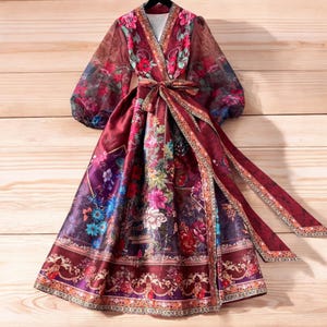 Bohemian Floral Satin Maxi Dress, Summer Lantern Sleeve Mesh Patchwork V-Neck Gown, Elegant Long Dress for Party Wedding Guest