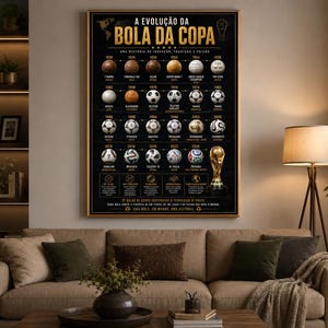 May include: A rectangular wall poster titled A EVOLUÇÃO DA BOLA DA COPA featuring a chronological display of footballs used in world tournaments from 1930 to 2026, with gold text, a black background, and a gold trophy illustration at the bottom.