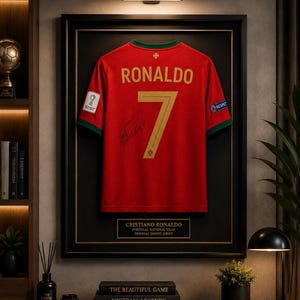 May include: A red Portugal national team football shirt with green trim, featuring the name RONALDO and the number 7 in gold, with a black signature, displayed in a black frame with a plaque reading CRISTIANO RONALDO PORTUGAL NATIONAL TEAM.