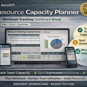 Può includere: Grafico AeroKPI Resource Capacity Planner. L'immagine mostra un laptop e due smartphone che visualizzano visualizzazioni di dati. Il testo include "Workload Tracking Dashboard Excel" e "Track Team Capacity". Un badge dorato "Top Seller" si trova in alto a destra.