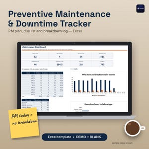 Könnte beinhalten: Eine digitale Excel-Vorlage zur Nachverfolgung von vorbeugender Wartung und Ausfallzeiten auf einem Laptop-Bildschirm. Das Dashboard zeigt Wartungskennzahlen, ein Balkendiagramm für durchgeführte Wartungen und Ausfälle sowie eine Tabelle für Fehlerarten. Ein gelber Notizzettel zeigt PM today = no breakdown.