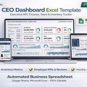 Może przedstawiać: Laptop, smartfon i tablet wyświetlają szablon pulpitu nawigacyjnego dla firmy. Szablon zawiera dane finansowe, wykresy i diagramy. Tekst na ekranie to "CEO Dashboard Excel Template" i "Automated Business Spreadsheet".
