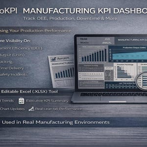 Może przedstawiać: Panel kontrolny AeroKPI Manufacturing KPI wyświetlany na ekranie laptopa, pokazujący wizualizacje danych. Obraz zawiera filiżankę kawy, długopisy i kalkulator. Tekst zawiera "Track OEE, Production, Downtime & More" i "Used in Real Manufacturing Environments."