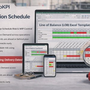 May include: Image of AeroKPI Production Schedule Tracker on a laptop, tablet, and smartphone. The screens display an Excel template with a Line of Balance (LOB) chart. Includes a magnifying glass, headphones, and text highlighting features.