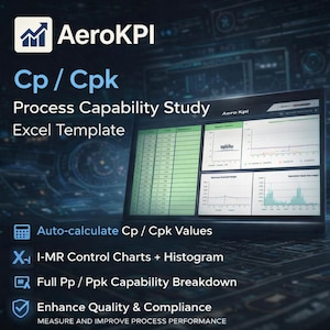 以下が含まれることがあります： プロセス能力調査用のAeroKPI Excelテンプレート。ラップトップ画面にグラフとデータを表示します。Cp/Cpk値の自動計算、I-MR管理図、完全なPp/Ppk能力分解が含まれます。品質とコンプライアンスを向上させます。