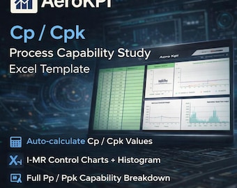 Pode incluir: Modelo Excel AeroKPI para estudo da capacidade do processo, exibindo gráficos e dados na tela de um laptop. Inclui cálculo automático de valores Cp/Cpk, gráficos de controle I-MR e detalhamento completo da capacidade Pp/Ppk.