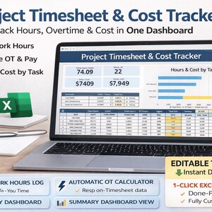 Pode incluir: Um laptop exibe um controle de horas e custos do projeto, intitulado "Project Timesheet & Cost Tracker". A tela mostra visualização de dados e métricas financeiras. Uma xícara de café, um bloco de notas e o logotipo do Excel também são visíveis.