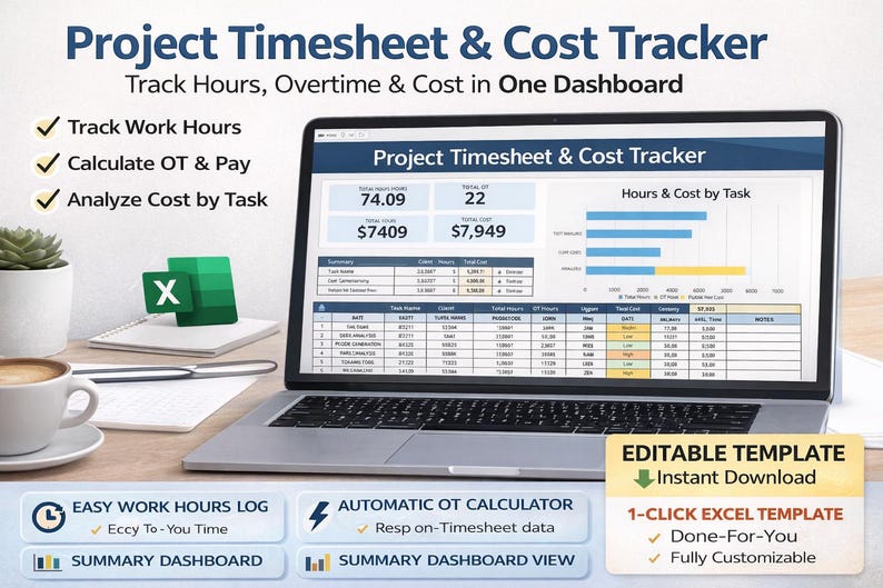 Timesheet Notepad Project Timesheet & Cost Tracker Excel Template | Task-based Time ...