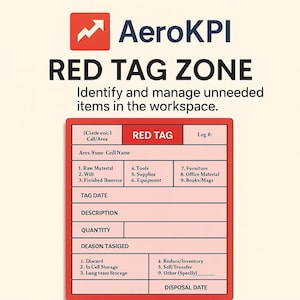 May include: A red and white AeroKPI "RED TAG ZONE" sign, designed to identify and manage unneeded items in the workspace. The sign includes fields for area, tag date, description, quantity, and disposal information.