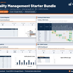 May include: A Quality Management Starter Bundle digital toolkit featuring four workbooks and a guide for Excel and Google Sheets. The interface displays a Document Control Register, Training and Skills Matrix, Internal Audit Kit, and 8D + CAPA Tracker with various data dashboards, charts, and tables for tracking organizational processes.