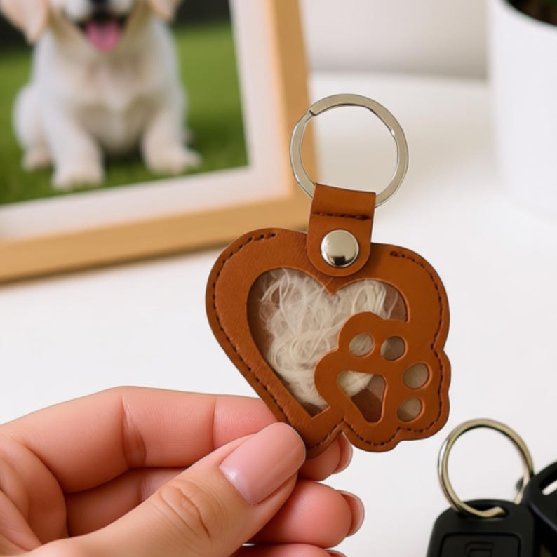 May include: A brown leather keychain in the shape of a heart with a paw print cutout. The keychain has a silver ring and a clear window in the center. A photo of a puppy is in the background.