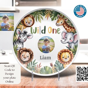 Custom Name Plate Wild One Animal Design First Birthday Keepsake Dish Personalized Toddler Dinnerware Unique Baby Gift for Boys & Girls