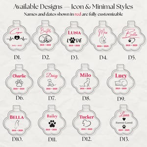 May include: A collection of pet tag designs in a minimalist style. Each tag features a unique design, including paw prints, hearts, and pet illustrations, with customizable names and dates. The tags are in a white, scalloped shape.
