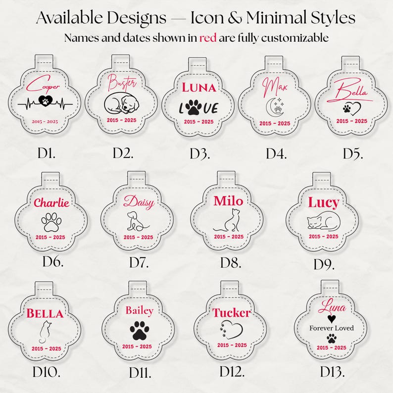 May include: A collection of pet tag designs in a minimalist style. Each tag features a unique design, including paw prints, hearts, and pet illustrations, with customizable names and dates. The tags are in a white, scalloped shape.