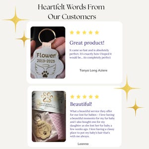 May include: The image showcases two pet memorial keychains. One is a white leatherette keychain with the name "Flower" and dates "2013-2025", along with an angel wing and paw print design. The other is a gold keychain with the name "Sophie" and dates "2008-2025".