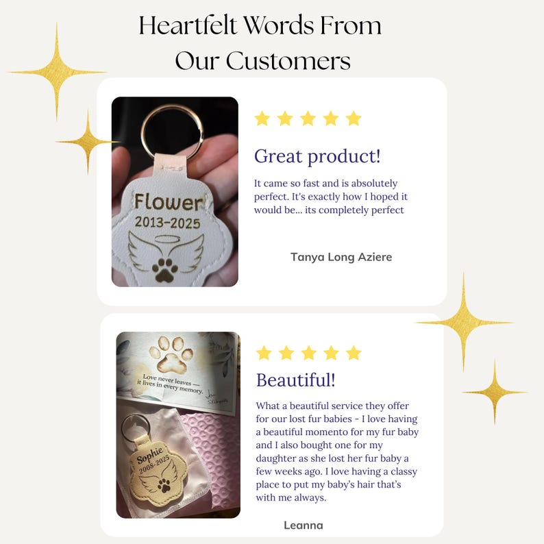 May include: The image showcases two pet memorial keychains. One is a white leatherette keychain with the name "Flower" and dates "2013-2025", along with an angel wing and paw print design. The other is a gold keychain with the name "Sophie" and dates "2008-2025".