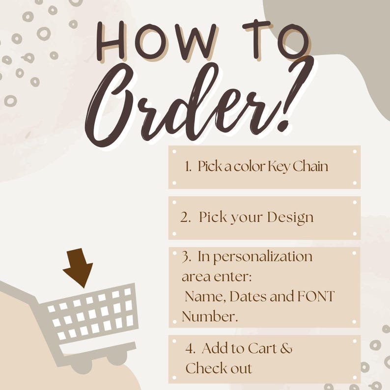 May include: A beige graphic with the text "HOW TO Order?" in brown script. Instructions include picking a keychain color and design, entering personalization details, and adding to cart. A shopping cart graphic is also included.