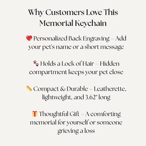 May include: Text on a cream background reads "Why Customers Love This Memorial Keychain." Features include personalized engraving, a compartment for a lock of hair, and a compact, durable design, 3.62 inches long. It is a thoughtful gift.