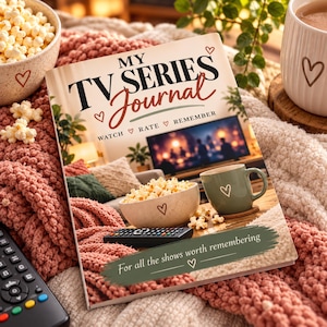 May include: A softcover journal titled My TV Series Journal with the subtitle Watch Rate Remember and For all the shows worth remembering. The cover features a cozy living room scene with a bowl of popcorn, a green mug, and a remote control.