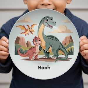 Dinosaur Plate Set Custom Name Kids Plate Toddler Dish Children Mealtime Tableware Collection Personalized Kid Dinnerware Safe Microwave