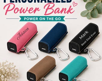 Personalized Vegan Leather Power Bank, Custom Engraved Portable Phone Charger with Keychain, Travel Battery Pack Gift