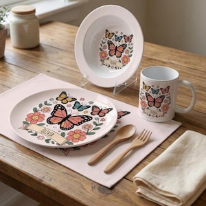 Personalized Kids Dinner Set with Name | Custom Plate Bowl Mug & Placemat | Butterfly Girls Dinnerware | Toddler and Kids Gift