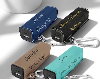 Personalized Vegan Leather Power Bank, Custom Engraved Portable Phone Charger with Keychain, Travel Battery Pack Gift