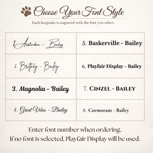 May include: A beige graphic with eight font style options for engraving keepsakes. Each font is displayed with the word "Bailey". The text at the top reads "Choose Your Font Style". The bottom text says to enter the font number when ordering.
