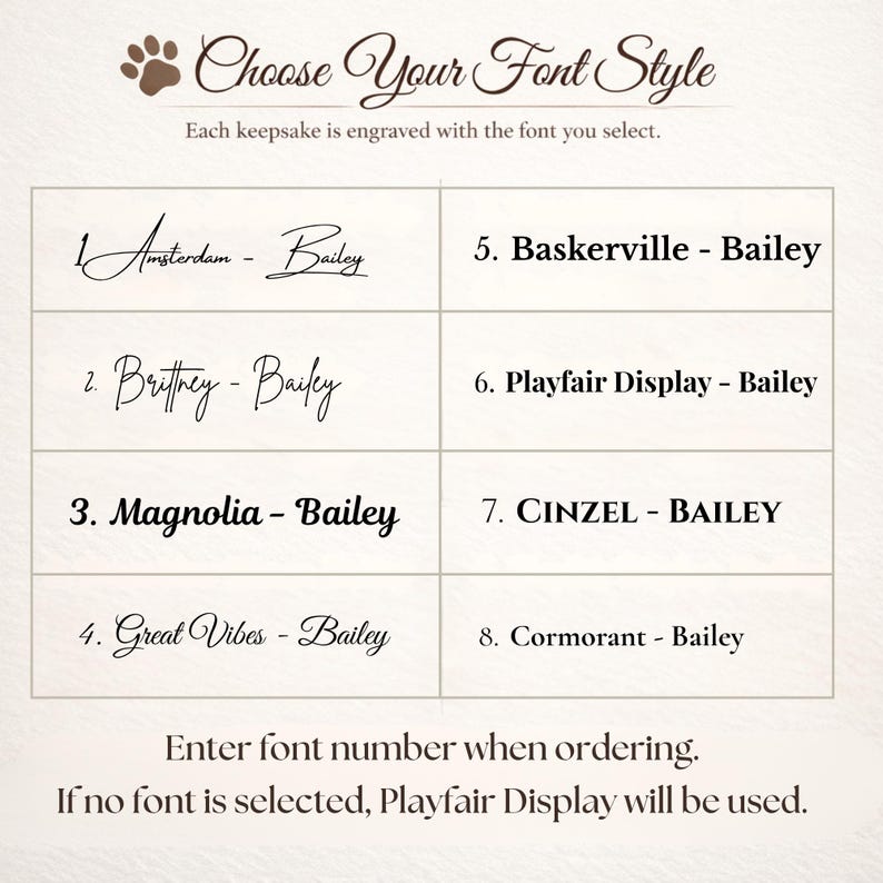 May include: A beige graphic with eight font style options for engraving keepsakes. Each font is displayed with the word "Bailey". The text at the top reads "Choose Your Font Style". The bottom text says to enter the font number when ordering.