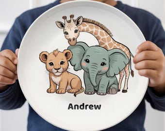 Personalized Safari Animal Kids Dinner Set with Name, Toddler Dinnerware Plate Bowl Mug Placemat, Gift for Boys and Girls