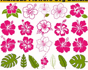 Hibiscus Flowers SVG Bundle, Tropical Floral Clipart SVG, Hawaiian Flower SVG, Monstera Leaf svg, Summer Flowers svg, Silhouette Cut Files