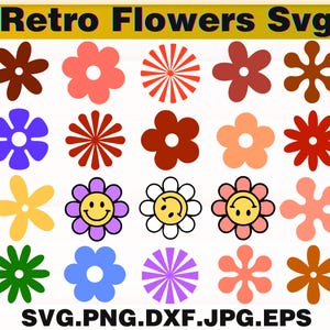 Retro Flowers SVG Bundle, Daisy Flower SVG Clipart, Boho Flower svg, Floral PNG, Flower Cut Files for Cricut Silhouette, Instant Download